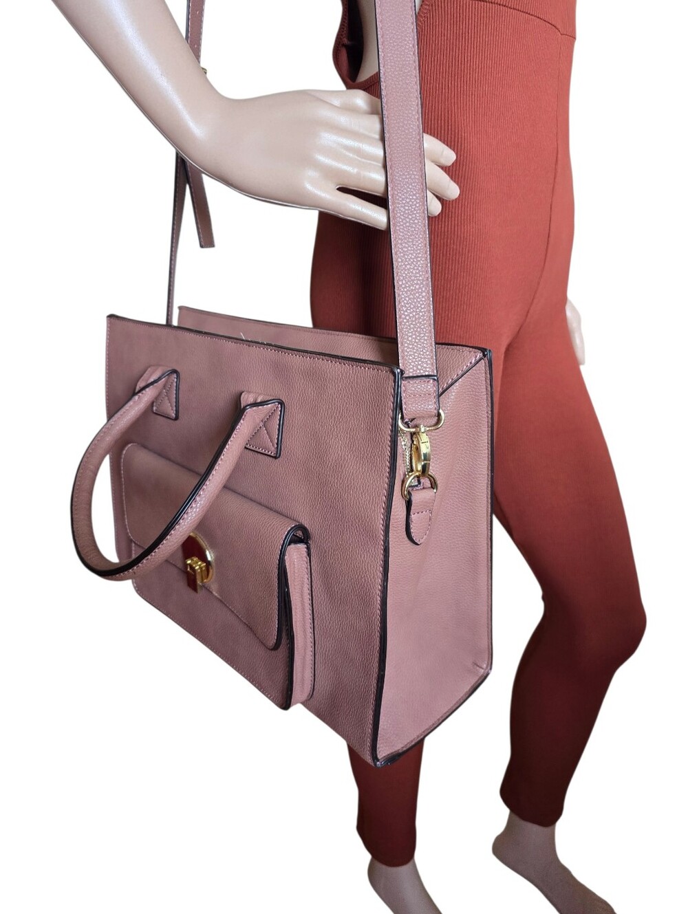 Justfab Women's Mauve Pink Pebbled Faux Leather Large Satchel Tote Handbag - Picture 3 of 16